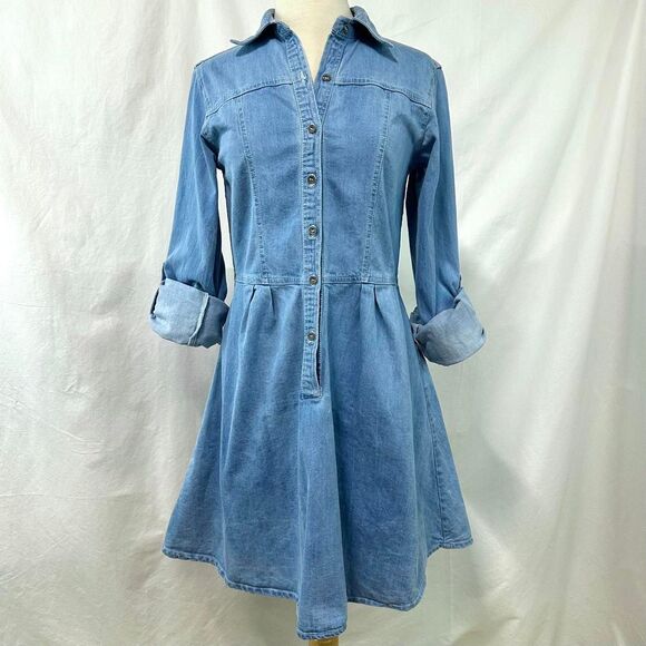 ANGIE Blue Denim Button Collared Roll Tab Sleeve Mini Dress Women's L Western - Picture 1 of 6